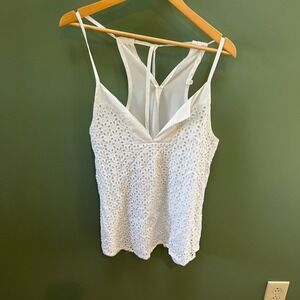 Athleta White Eyelet Lace Racerback Tank Top Tassel Tie V-Neck Womens L